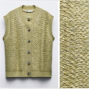 Zara Light Green Textured Knit Round Neck Vest